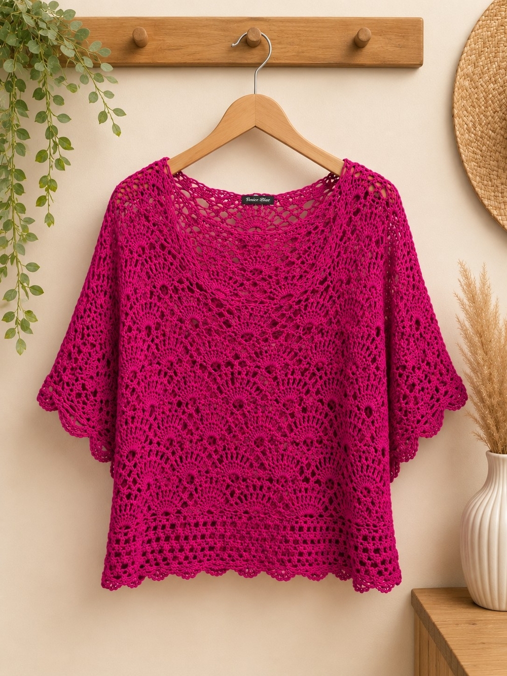 Venice Blue Fuchsia Crochet Cotton Boho Top Free Size